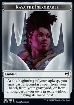 Kaya the Inexorable Emblem // Human Warrior Token (W 1/1)